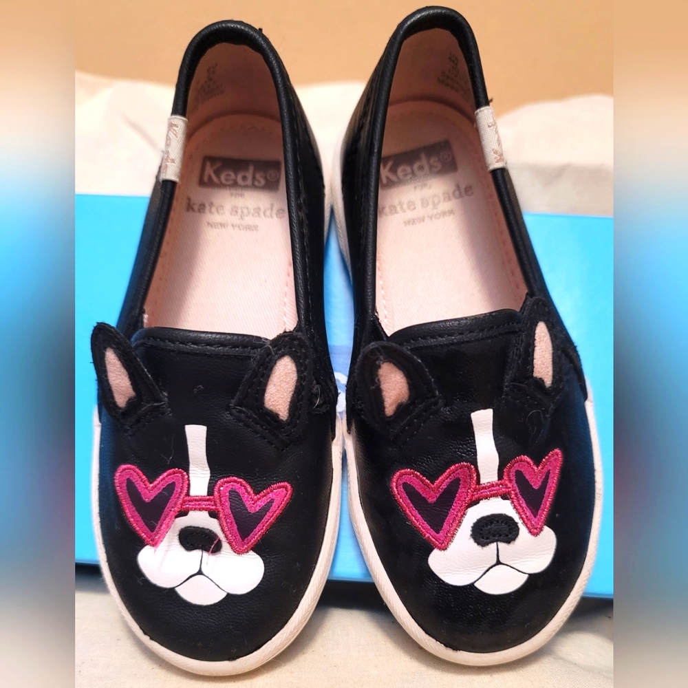 Used - Kate Spade Keds, black leather girl's slip ons.